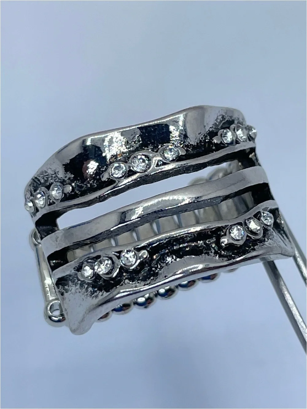 Silver Tone Crystal Stretch Ring Wide Band Statement Ring